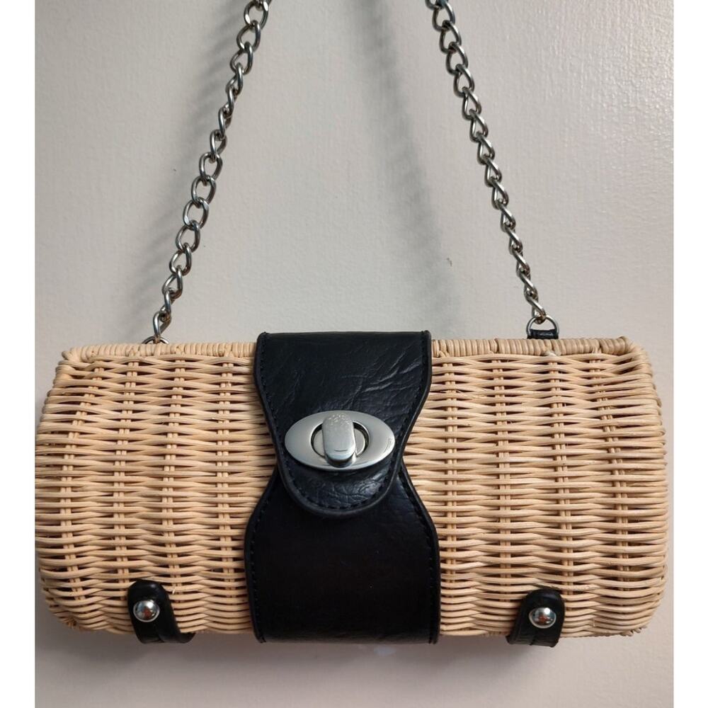 Wicker & Faux Black Leather Barrel Clutch Purse w Silver Chain Strap